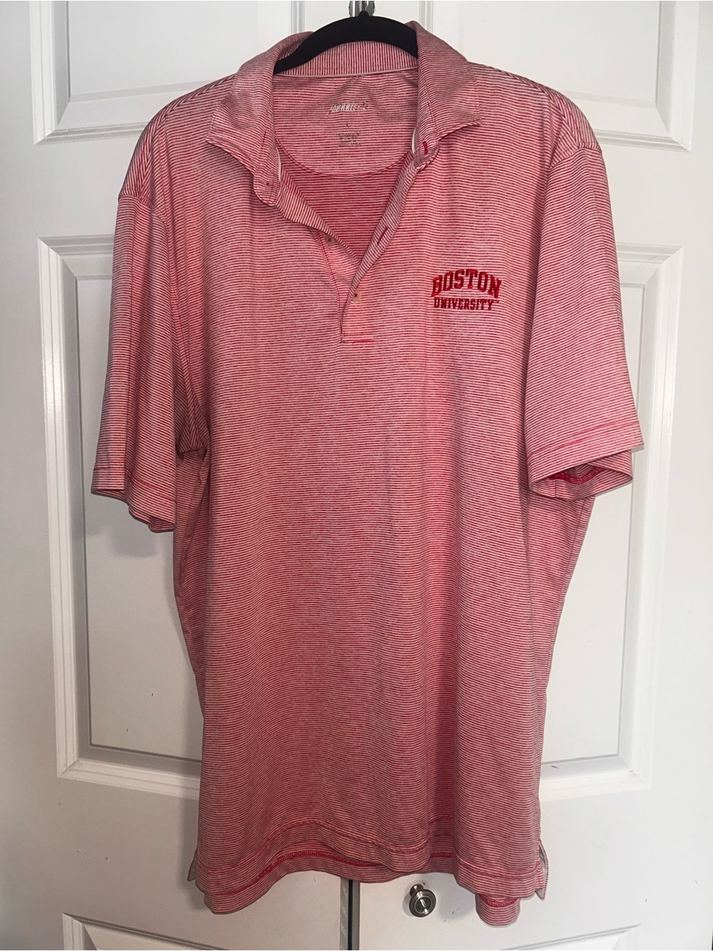 johnnie-O Red and White Striped Men’s Polo with Boston University Embroidery